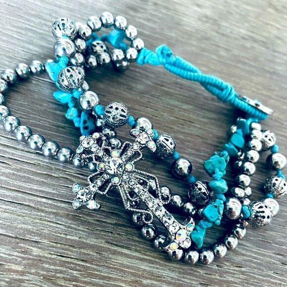 Turquoise Blue Silver Beaded Bling Crystal Cross Bracelet - Picture 1 of 3